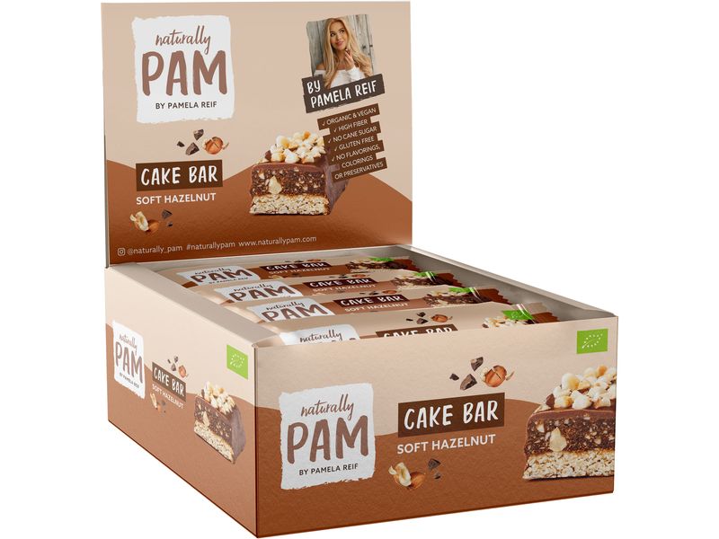 Naturally Pam Riegel Bio Cake Bar – Soft Hazelnut 12 x 44 g Bio-Haferriegel mit Haselnüssen und Kakao
