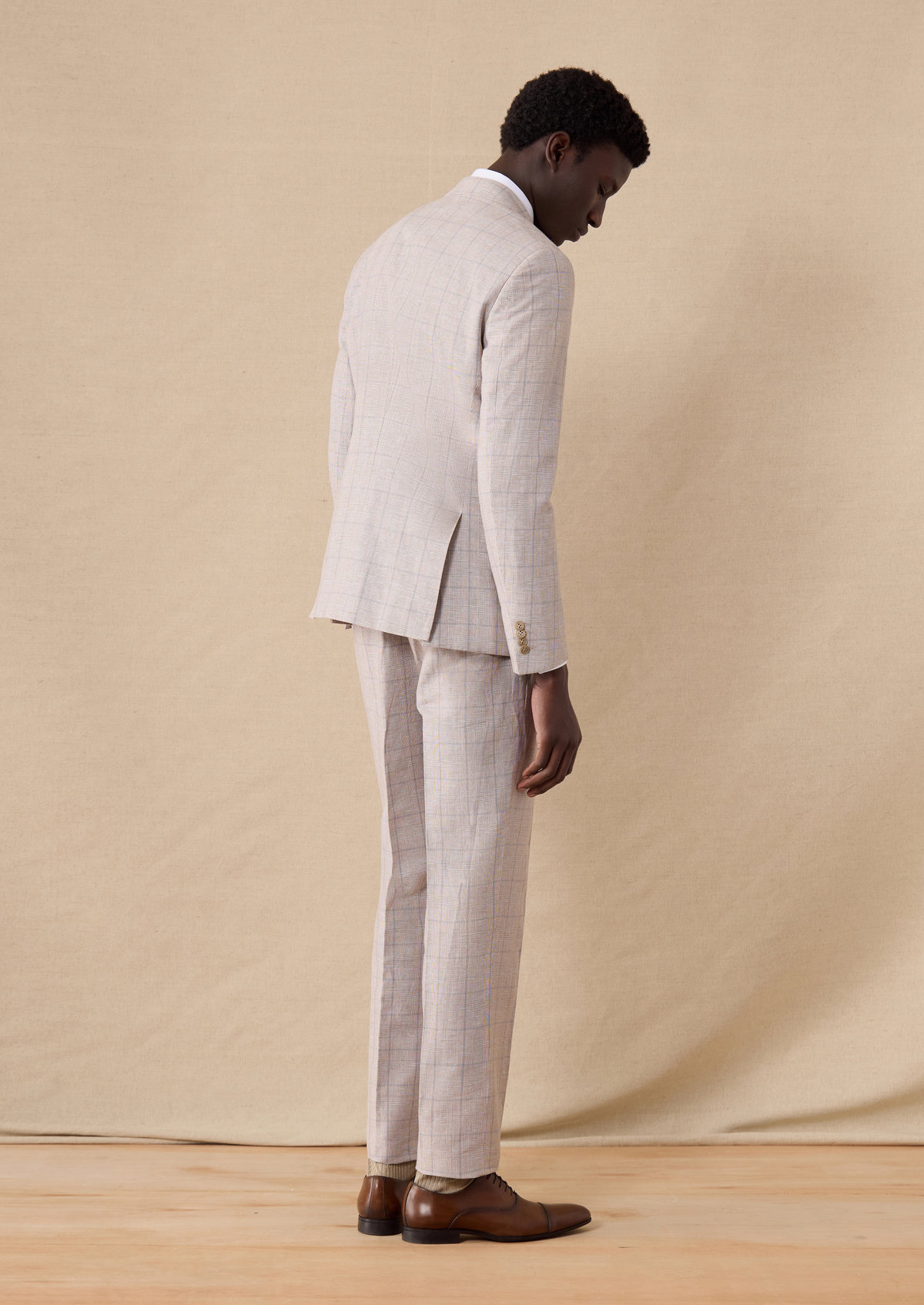 Pantalon coordonnable Slim en coton et lin beiges Prince de Galles