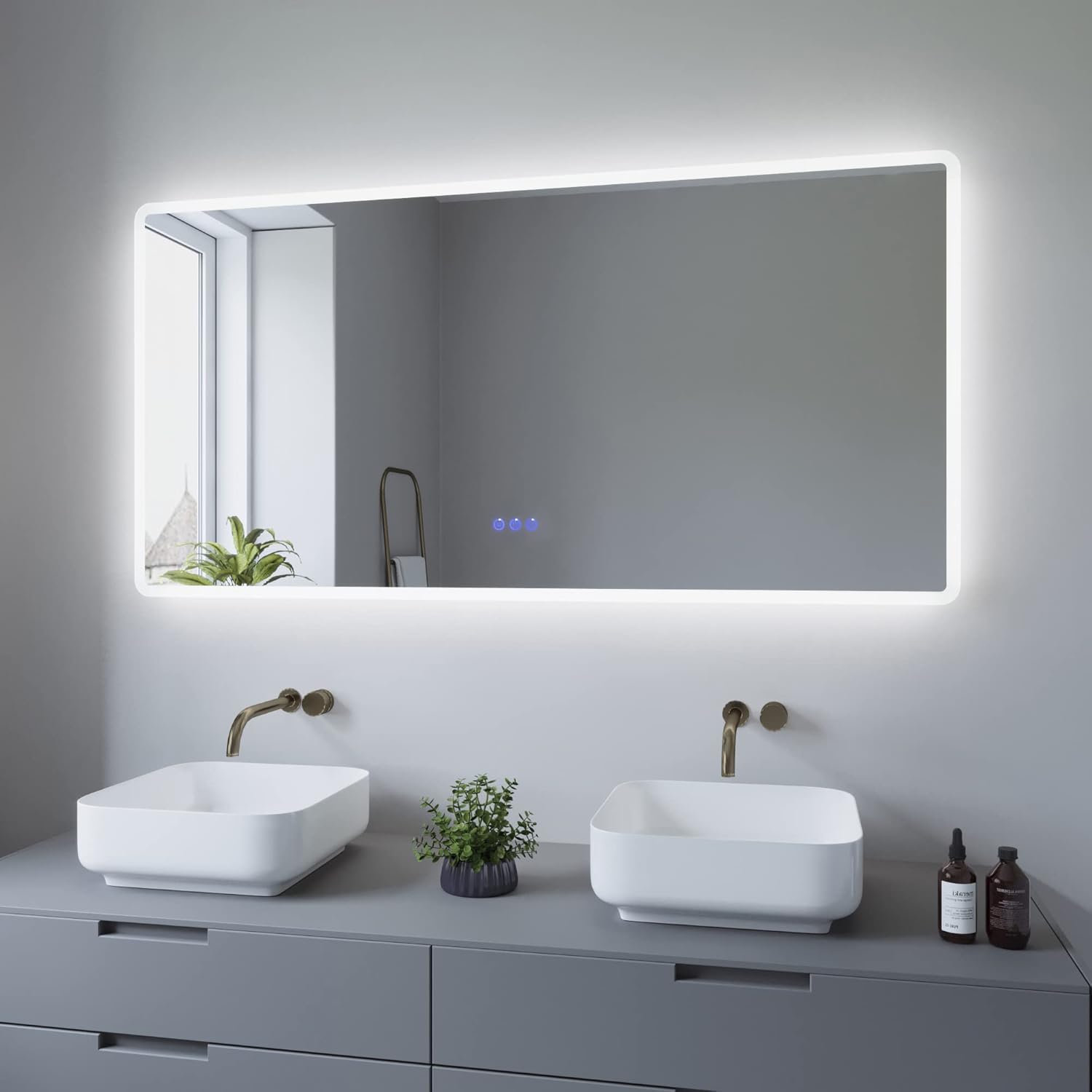 Spiegel Groß Bad mit Beleuchtung Dekorative Wandspiegel mit Rahmen Modern Silber Led Badspiegel Beleuchtet mit Licht Badezimmerspiegel 140x70 cm 3 Lichtfarben Bad Spiegel Beschlagfrei