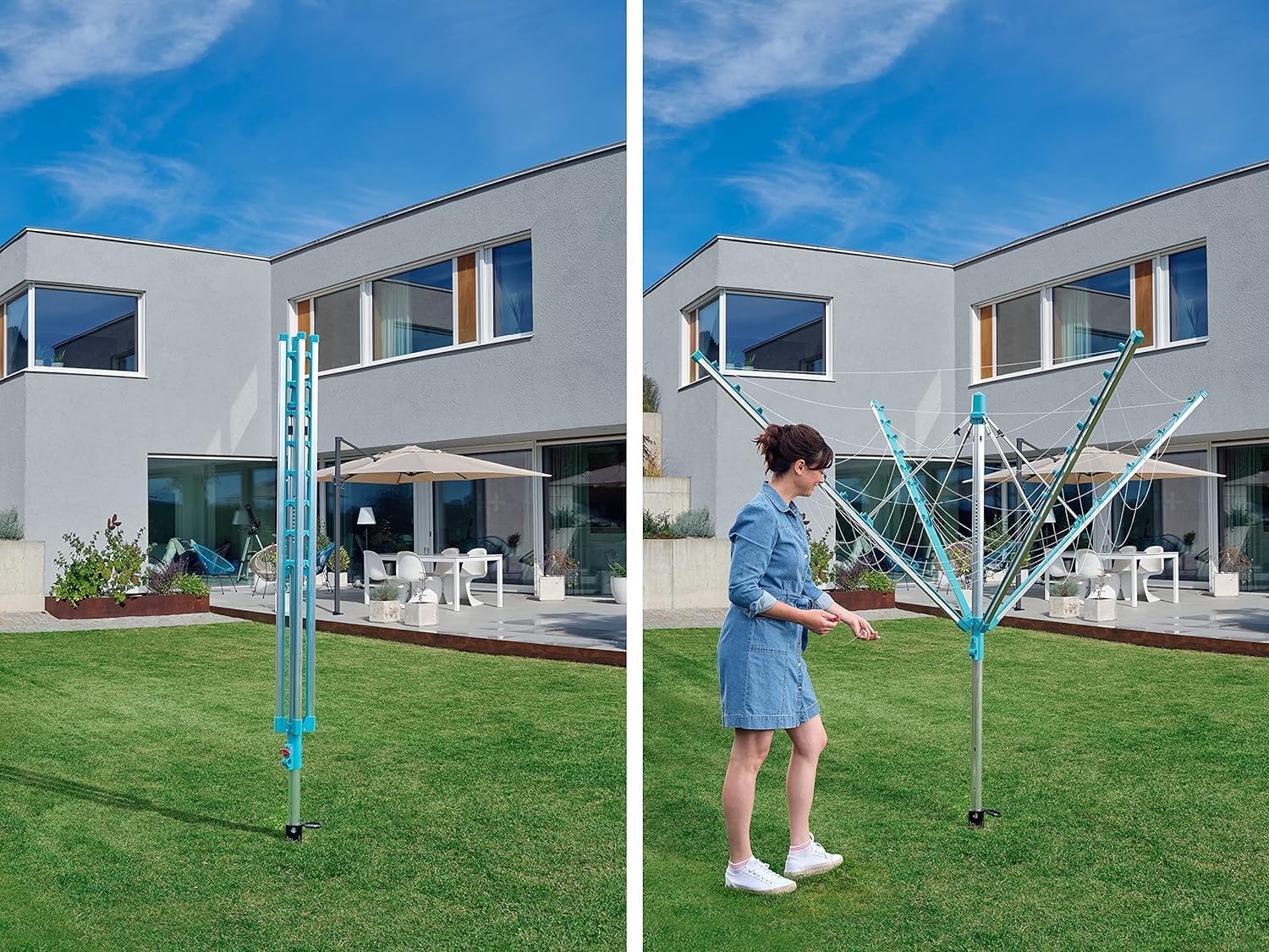 Leifheit Wäschespinne Linomatic 500 Easy, Leineneinzug für saubere Wäsche, Wäscheschirm mit Easy-Lift-System, inkl. Bodenhülse, Wäscheständer mit 50m Leinenlänge für 5 Wäscheladungen