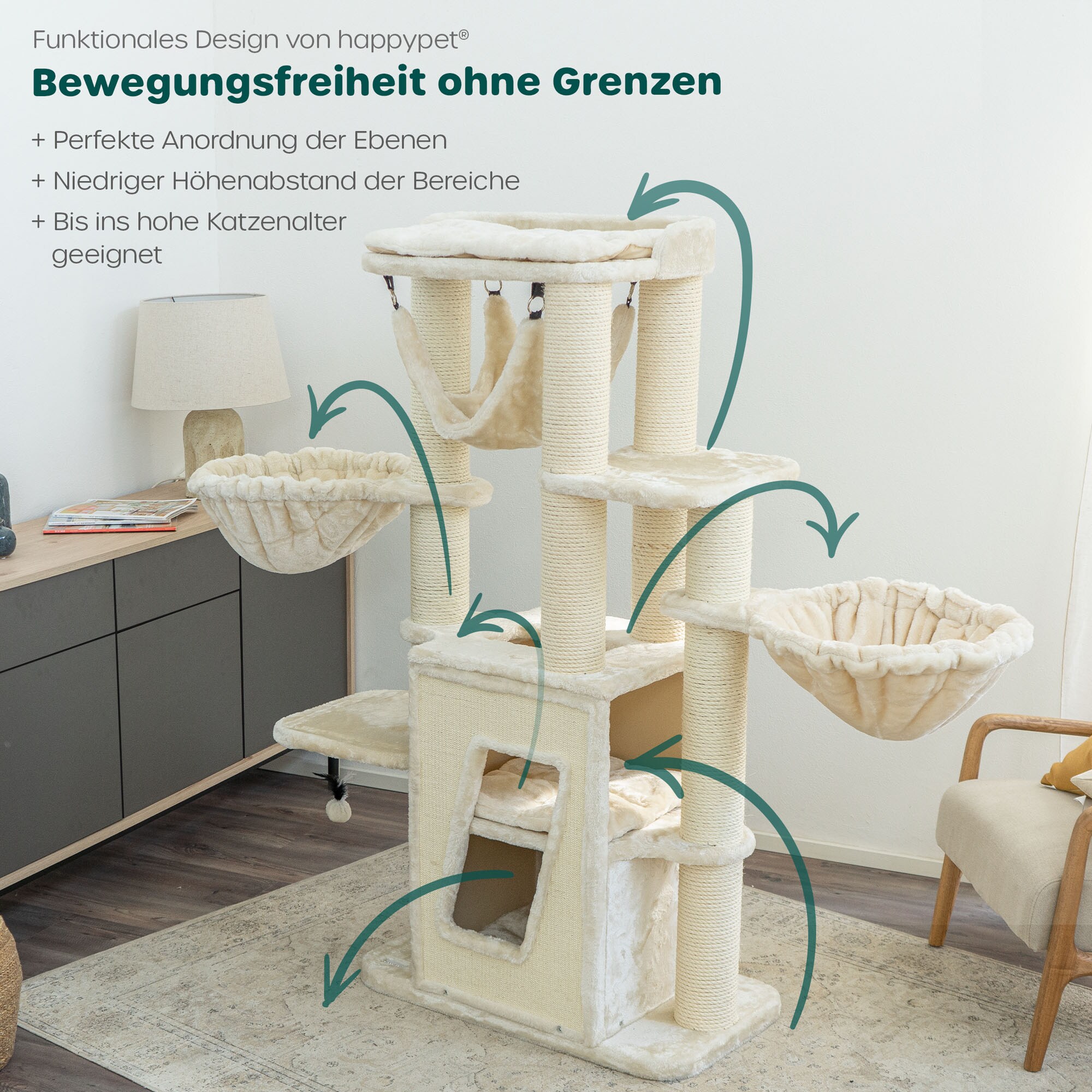 HAPPYPET Kratzbaum stabil 157 cm Katzenbaum Kletterbaum Sisal Massiv | Creme
