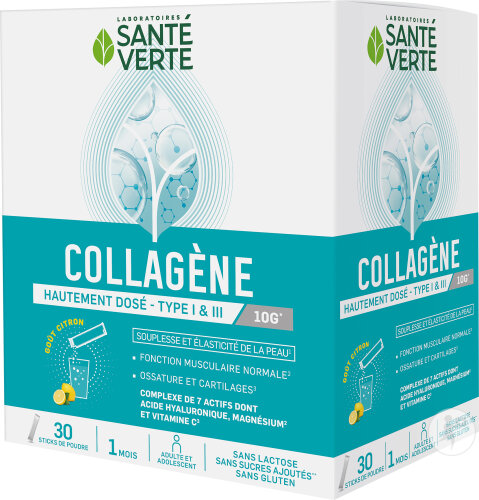 Santé Verte Collagène Hautement Dosé Type 1 Et 3 Goût Citron 30 Sticks