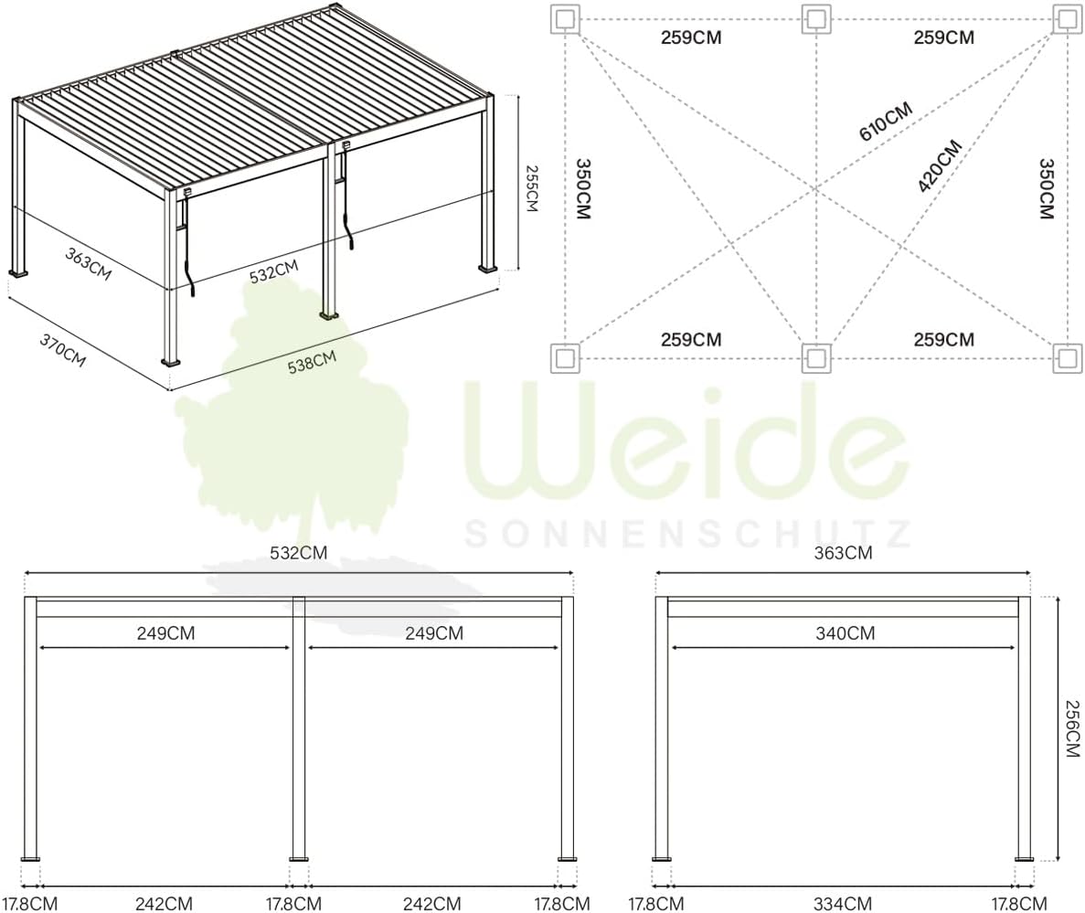 Pavillon Pergola 3,6x5,3m Terassenüberdachung freistehend mit Lamellendach verstellbar Gartenpavillon Hardtop wasserdicht stabil Winterfest Voll-Aluminium Grillpavillon Weide Deluxe Anthrazit