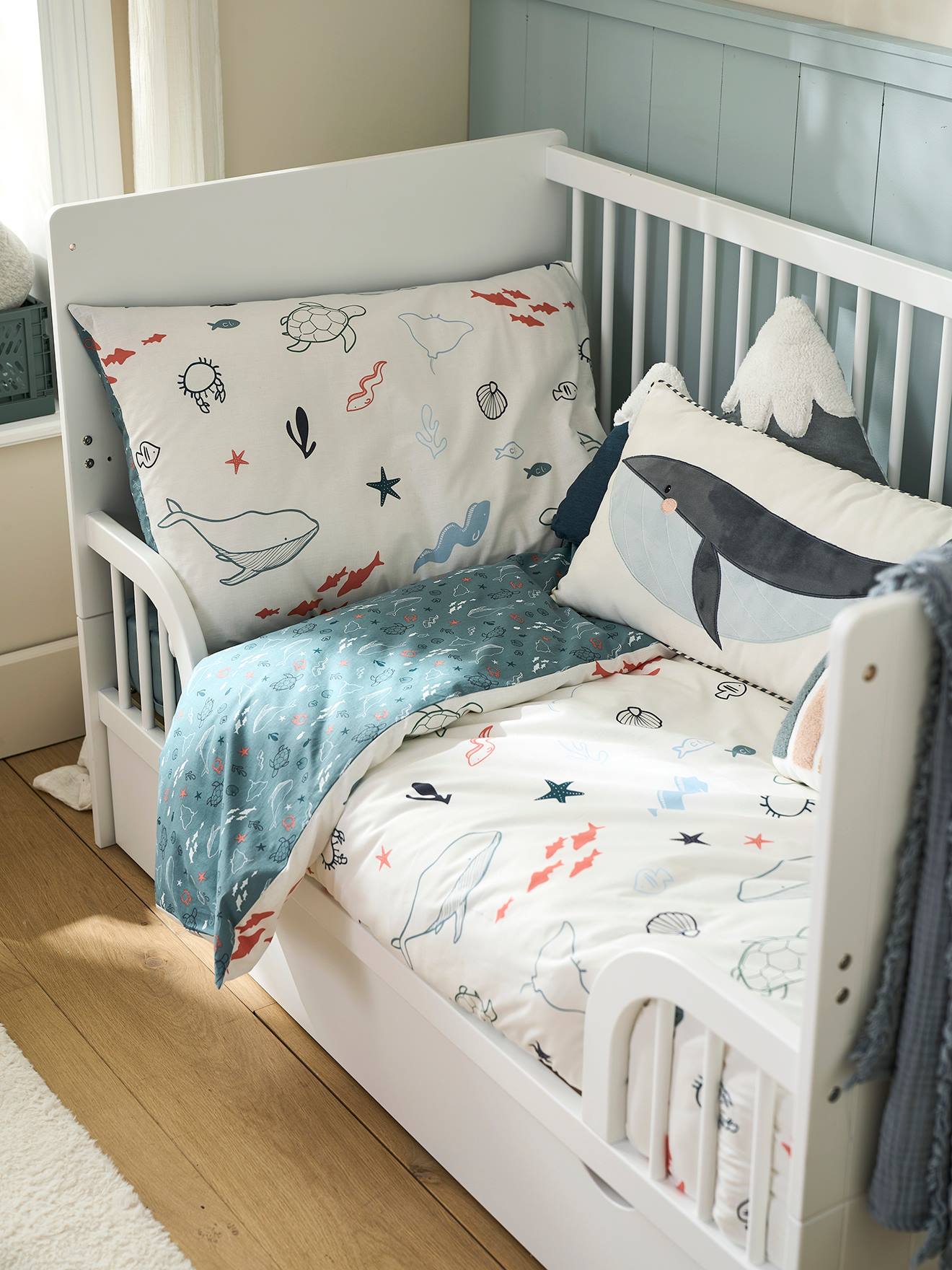 Conjunto infantil de capa de edredom e fronha, estampa Seascape, Basics azul médio