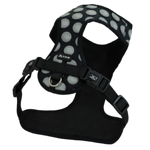 Coleira peitoral preta com bolinhas da Nayeco para cães.