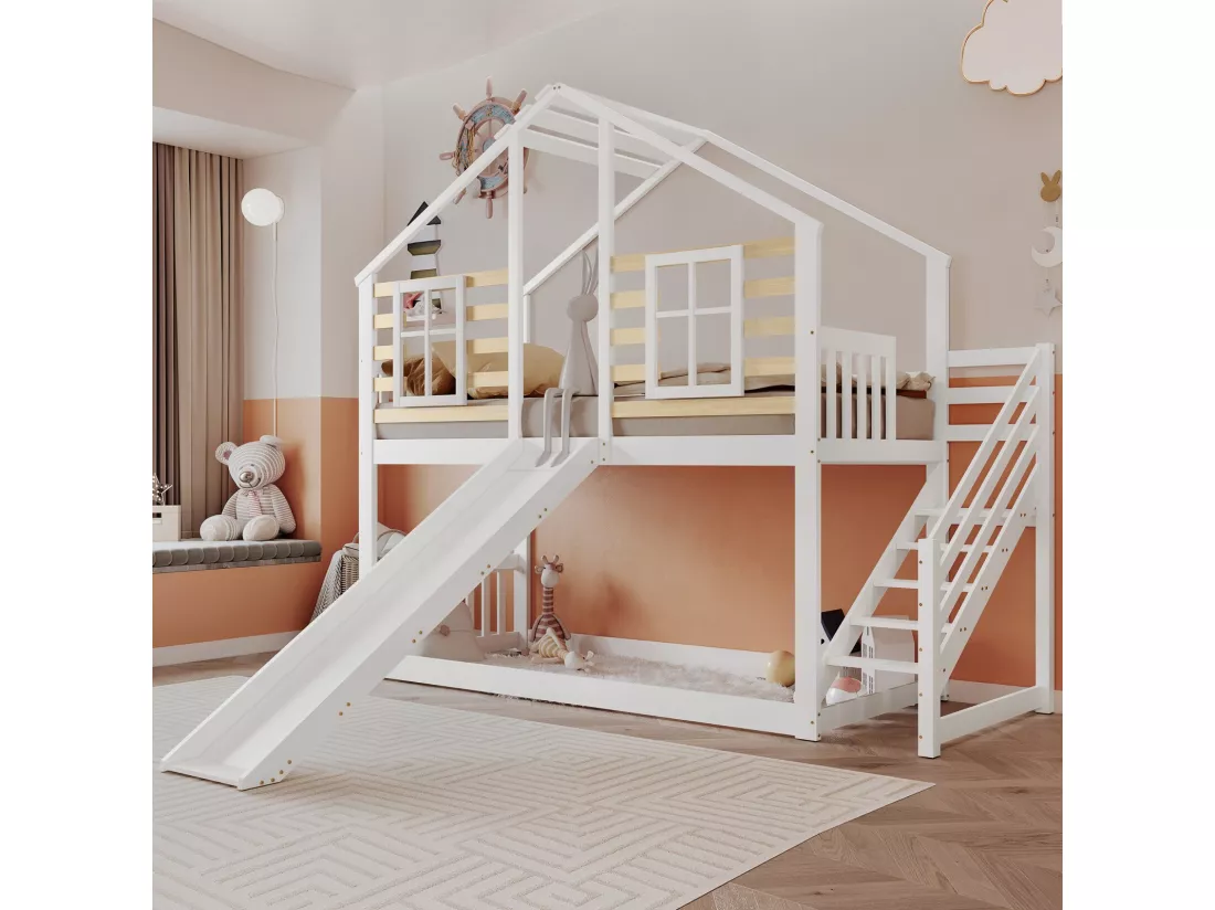 Lits superposés cabane 90 x 200 cm, avec escaliers, grilles et toboggan, Pin + MDF, Blanc