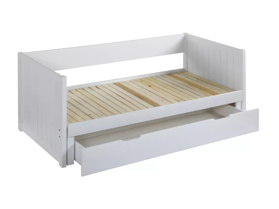 Lit gigogne banquette 90 x 190 ou 174 x 190 cm - Avec sommier peigne et tiroir - Pin et MDF - Blanc + matelas - ALFIERO II