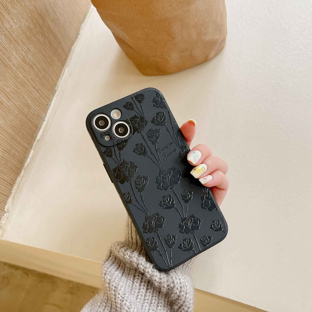 iPhone 14 Gummi Case Hülle Kameraschutz Rosen Imprint - Schwarz