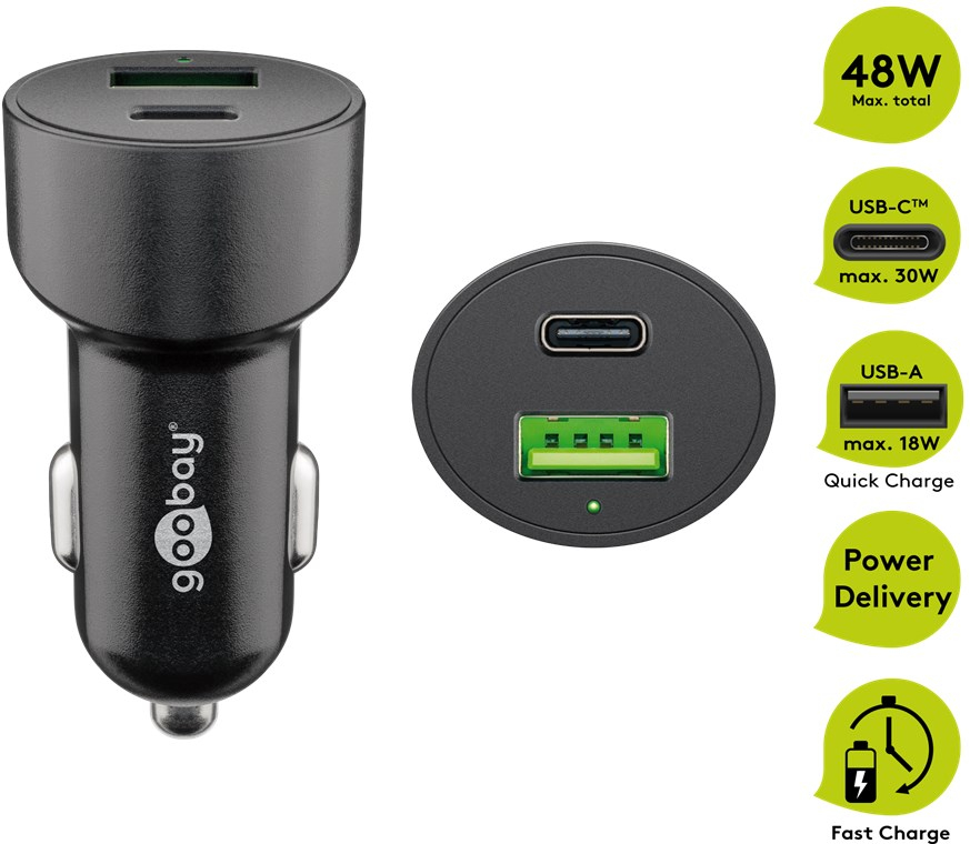 (48W) Dual USB C Auto KFZ Ladegerät Schnellladegerät für Zigarettenanzünder Power Delivery (39908) - Schwarz