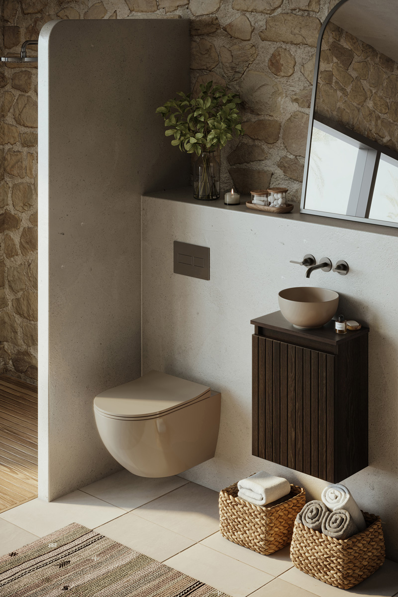 Fontana Bano toiletmeubel ribbelfront kasteel bruin 40x22cm met waskom in taupe