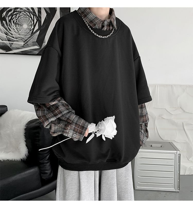 Cowpow - Sweatshirt met kraag en imitatie-tweedelig geruit paneel