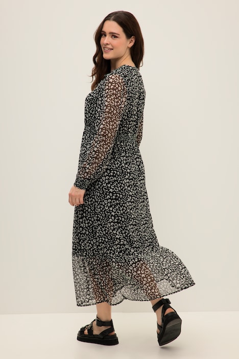 Maxikleid, A-Line, Totenkopf Print, V-Ausschnitt, Langarm