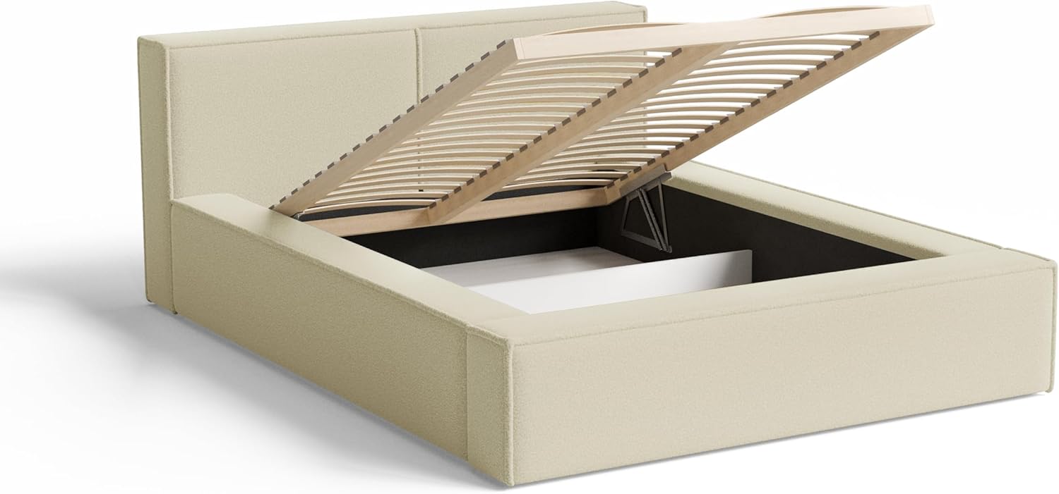 Chilly. Design Bett Lugano - Polsterbett 200x200 mit Bettkasten, Lattenrost und Kopfteil - Eleganter Bouclé-Stoffbezug Beige