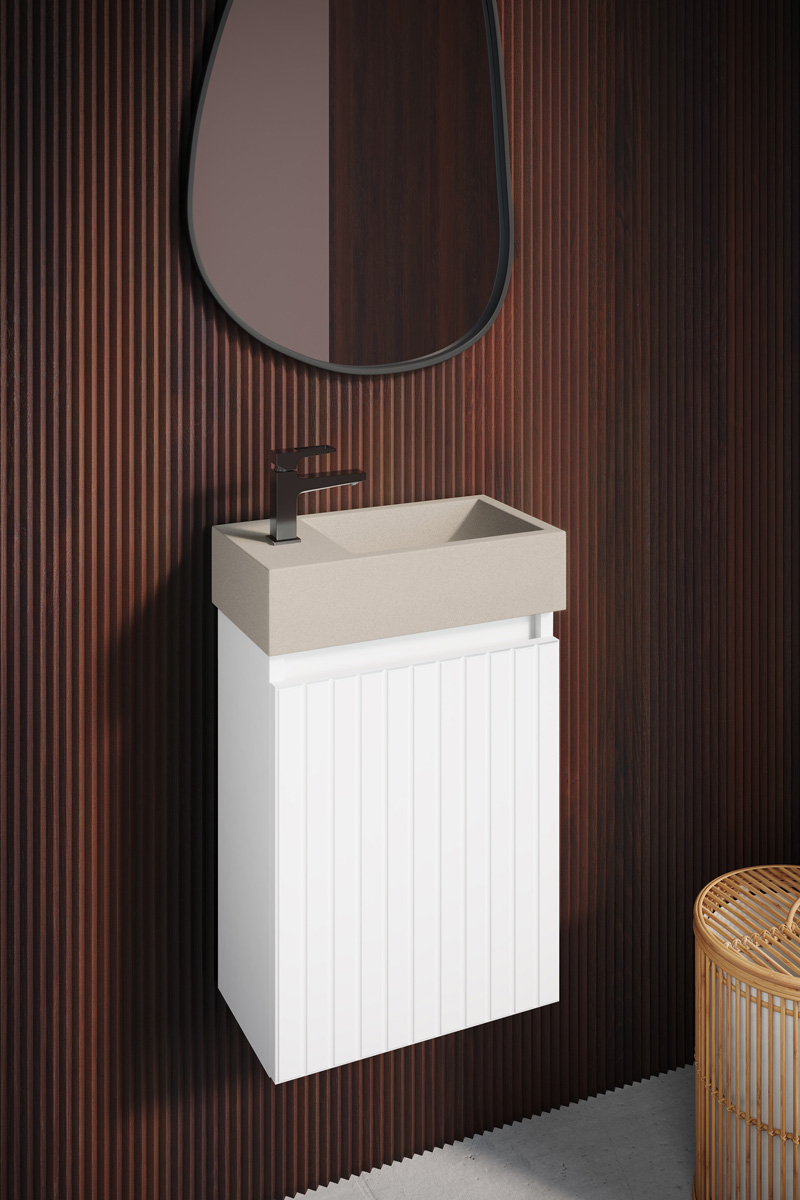 Fontana Crest toiletmeubel ribbelfront mat wit 40x22cm met beige fontein links