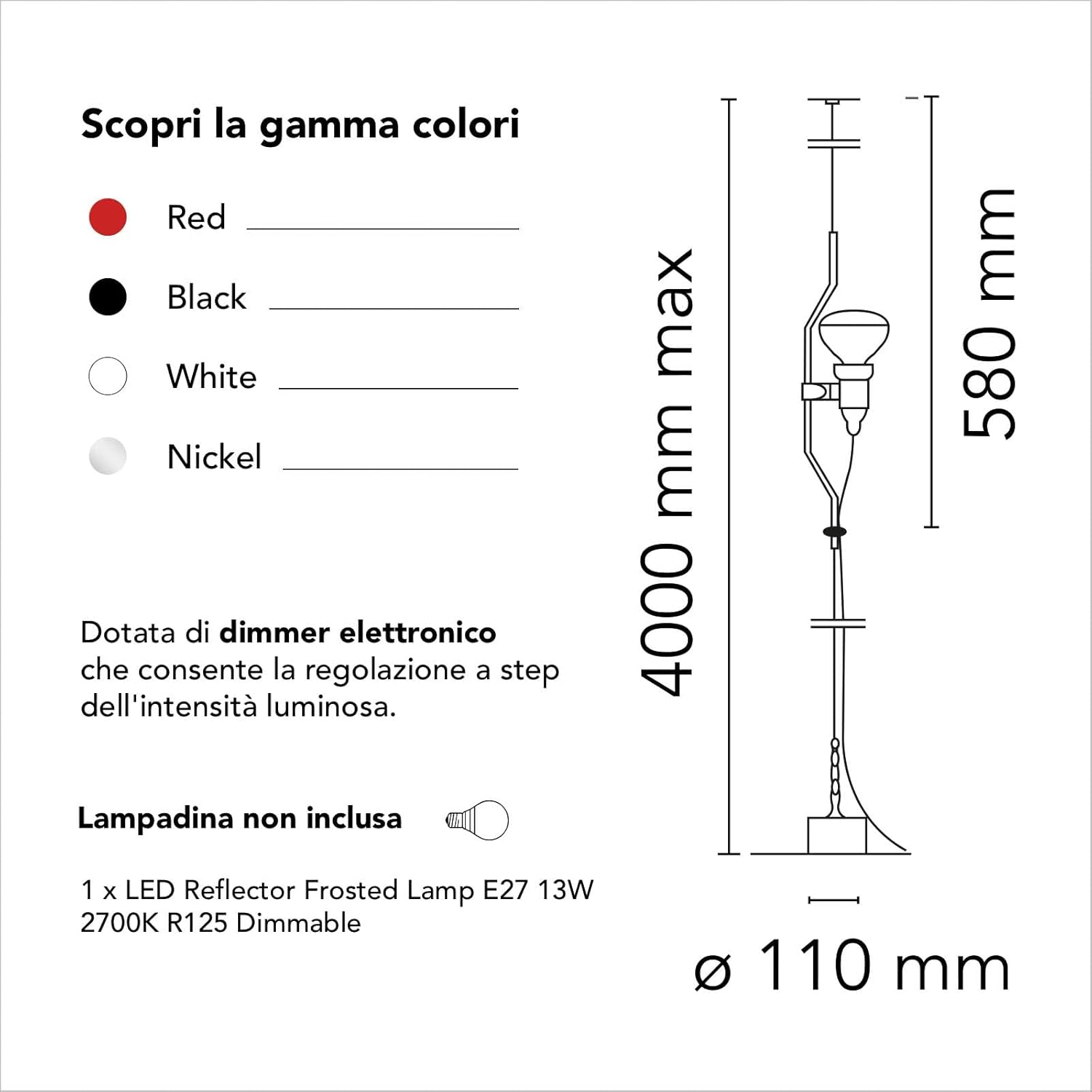 Flos Parentesi Dimmer, Dimmbare Hängelampe mit Direkter Beleuchtung, Lampe mit Design von A. Castiglioni und P. Manzù, Lampe für den Innenbereich mit 4000 mm Kabel, 220-250 V, 150 W, Farbe Rot