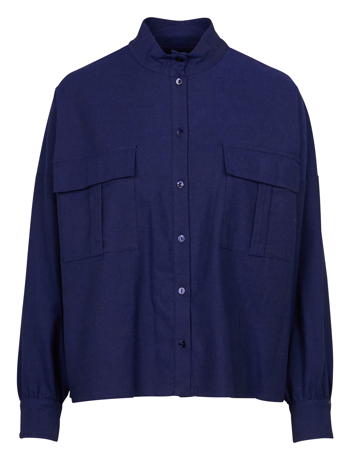 Chemise col officier en coton et en lin mélangés | Bleu