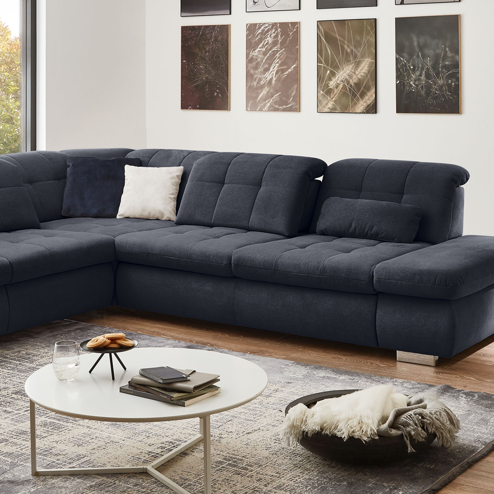 polsterpower Ecksofa - marine - Basismodell - Anstellhocker links