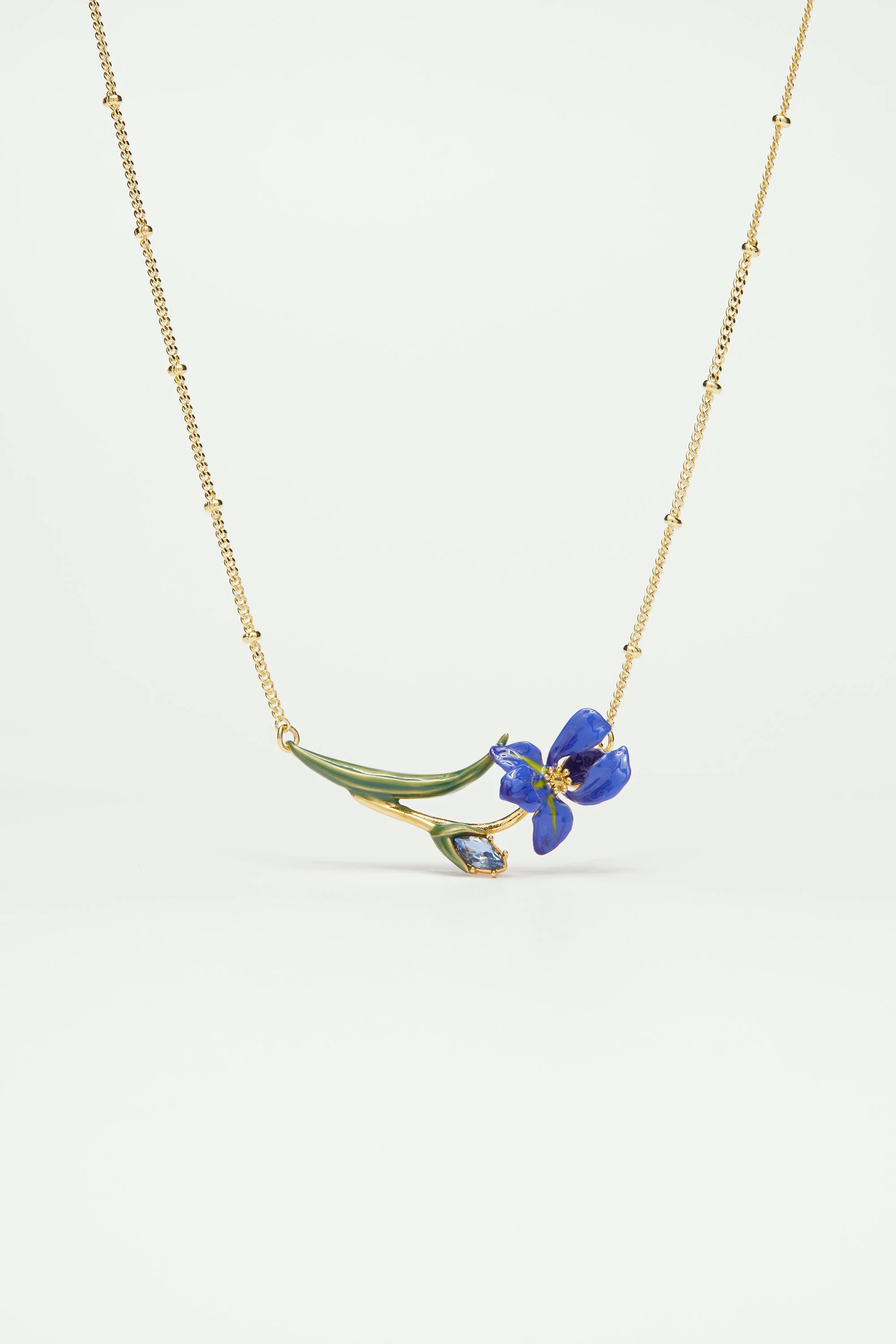 Collier fin iris de sibérie et verre facetté | Bleu
