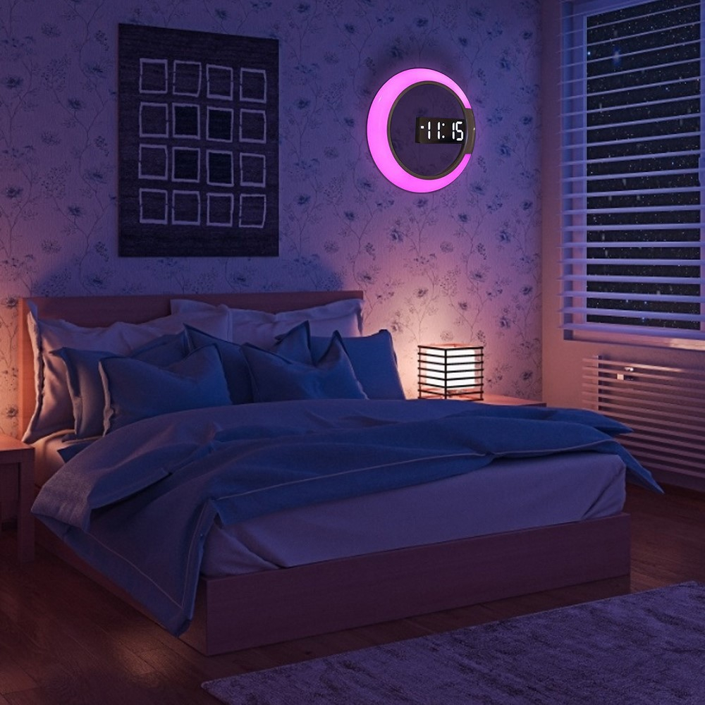 (Ø30.5cm) Digitale LED Wanduhr Spiegel Wecker mit RGB Ring Nachtlicht - Weiss