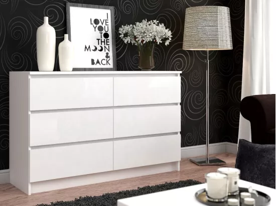 Commode AKORD K140 Blanche 138 cm 6 tiroirs façade Blanche 138x40x77 cm