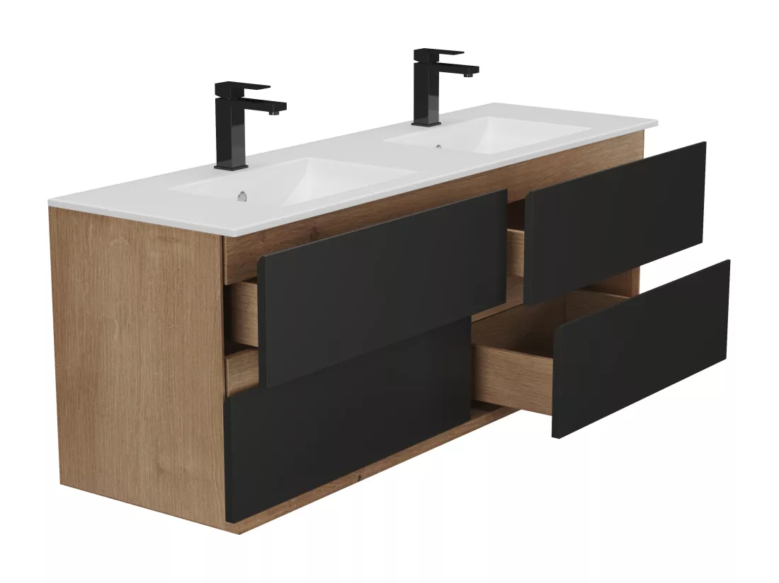 Meuble de salle de bain suspendu avec vasque à encastrer - Coloris naturel clair et noir - 150 cm - SABURI