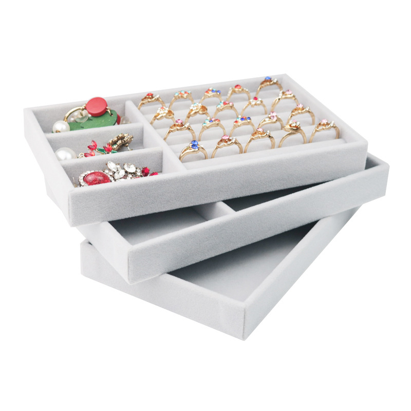 (21x12x2.5cm) Velour Schmuckschatulle Aufbewahrungsbox Organizer für Ringe / Halskette / Ohrringe / Armbänder - Grau