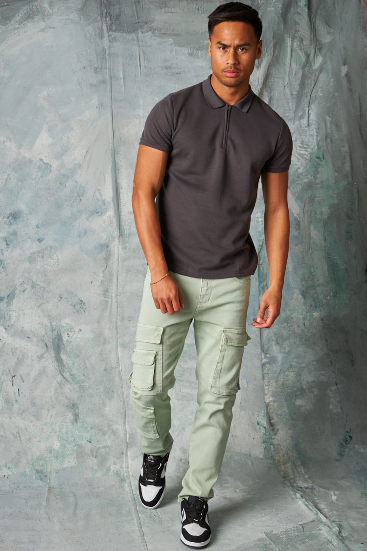 Polo manches courtes à col zippé gris anthracite