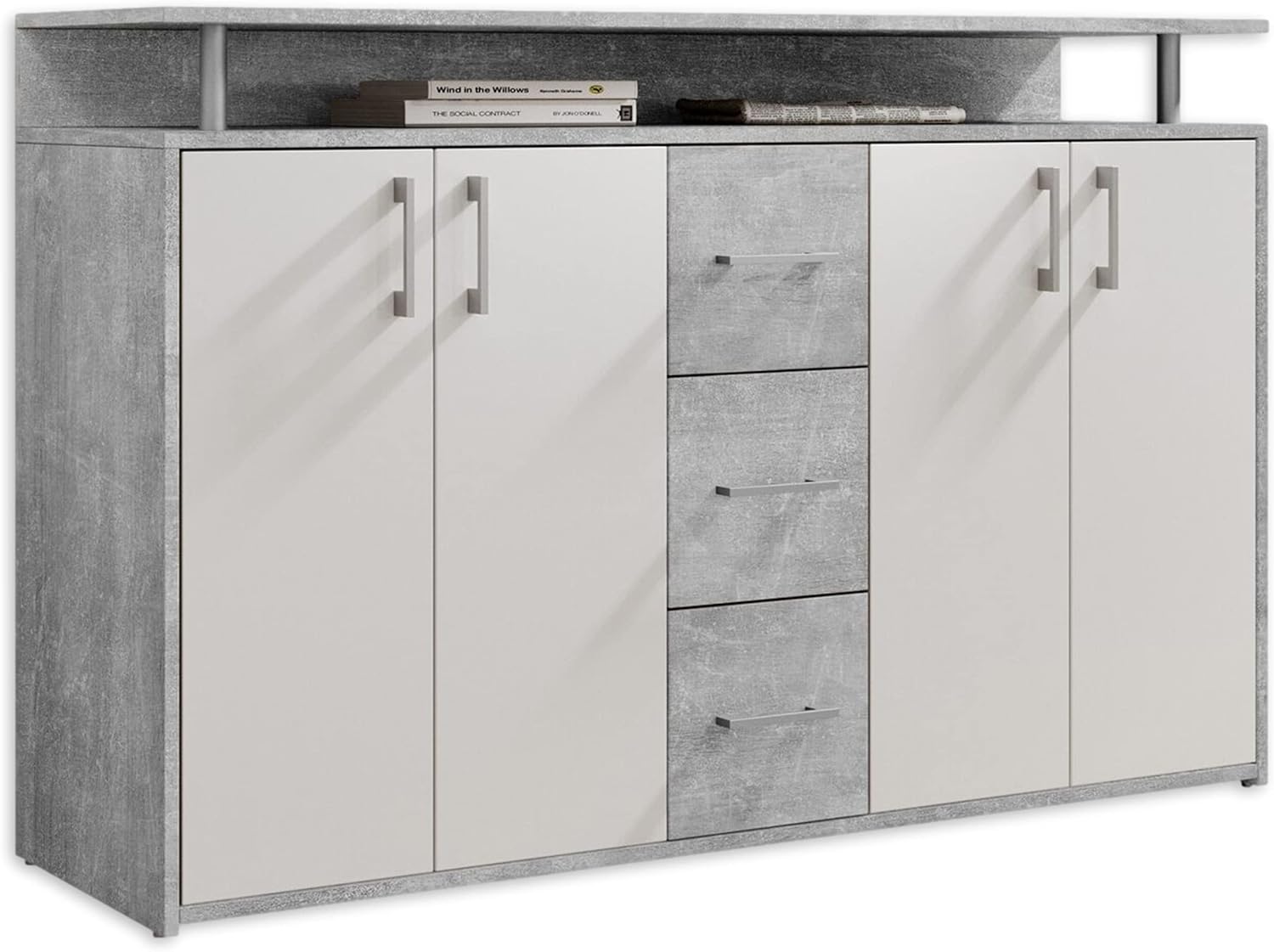 DRIFT Sideboard mit Ablage in Beton Optik, Weiß - Moderne Kommode mit Schubladen und viel Stauraum für Ihren Wohnbereich - 139 x 90 x 34 cm (B/H/T)
