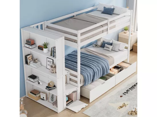 Lits superposés avec 2 tiroirs, étagère de rangement et escaliers de rangement - 2 x 90 x 200 cm - Pin + MDF - Blanc