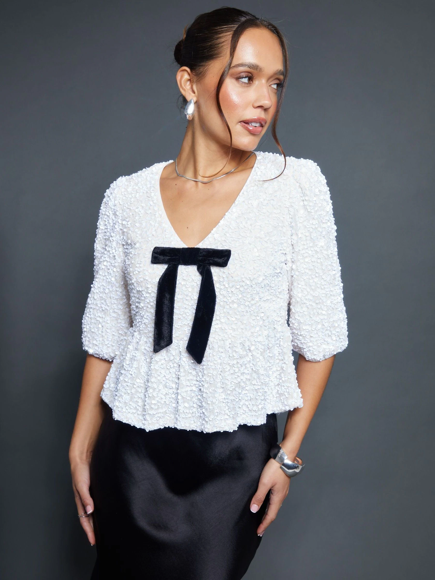 Wit - Threadbare Sequin Velour Bow Detail Blouse