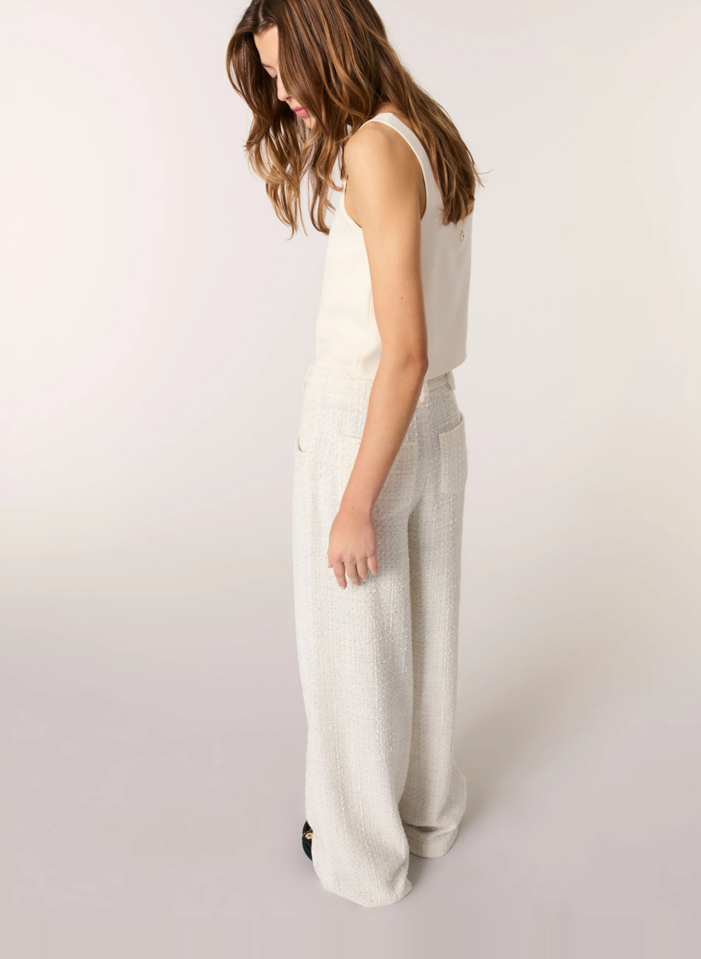 Pantalon large en coton mélangé | Beige