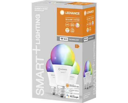 Ledvance Smart WIFI LED-lampen, dimbaar, A100 E27/14W (100W) mat, 1521 lm, 2700-6500 K RGBW, 3-pack