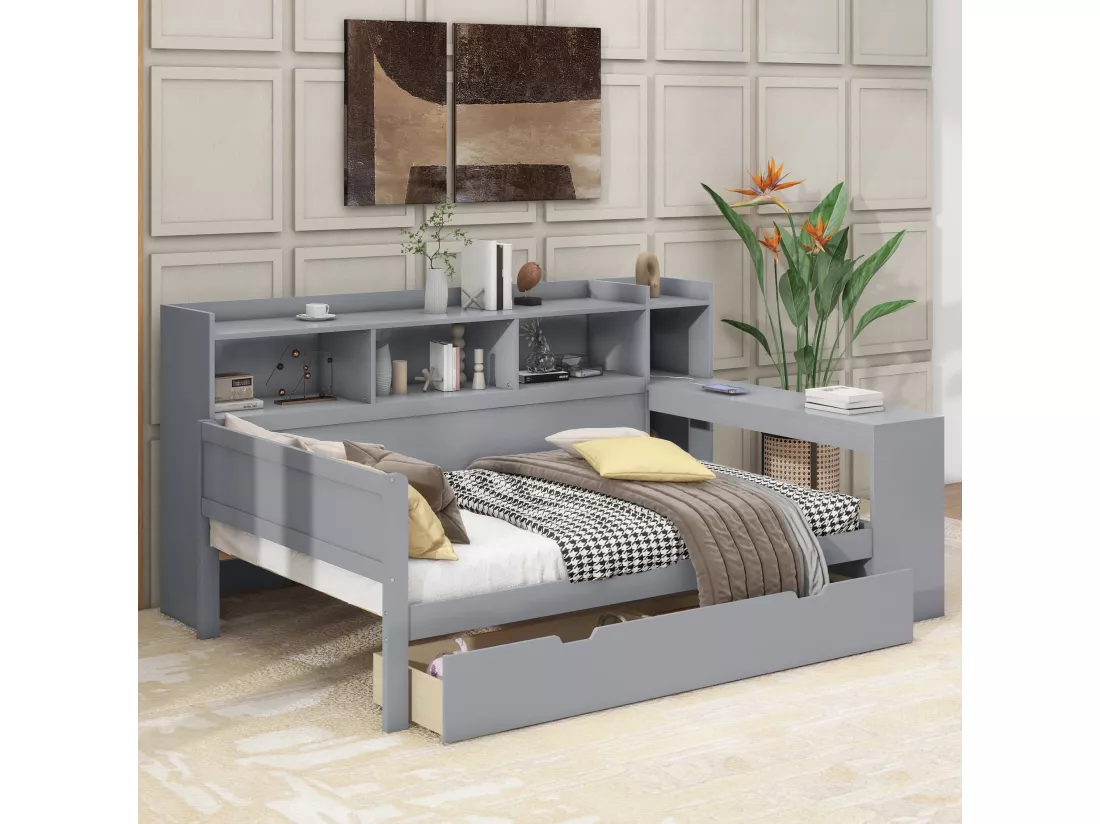 Lit banquette 90x200cm - bureau avec prise USB - 2 tiroirs & étagères - Gris (matelas non inclus)