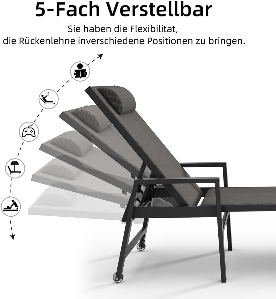 Melko Aluminium Sonnenliege wetterfest mit Rollen, 5-Fach verstellbare Rückenlehne, klappbare Gartenliege inkl. Kopfkissen (200 kg belastbar) Liegestuhl