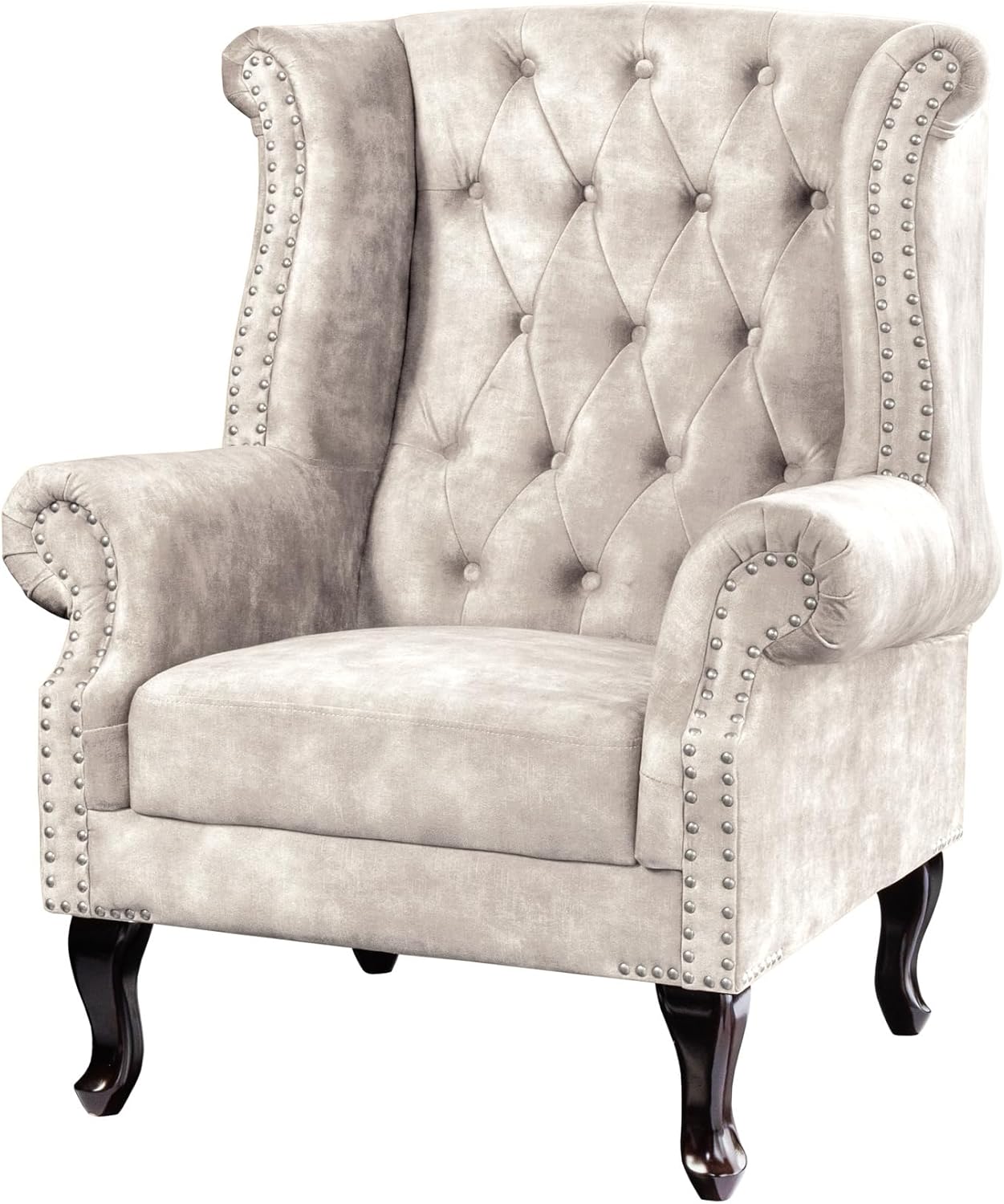 Riess Ambiente Design Ohrensessel Chesterfield - 105cm - Champagner beige - Samt Silber Ziernieten Polstersessel Lesesessel Knopfheftung Federung Rundum-Bezug