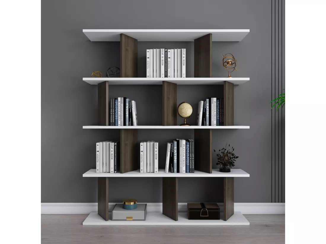 Bibliothèque modern Grace 5-étagères design chic et durable (Blanc et Noyer)