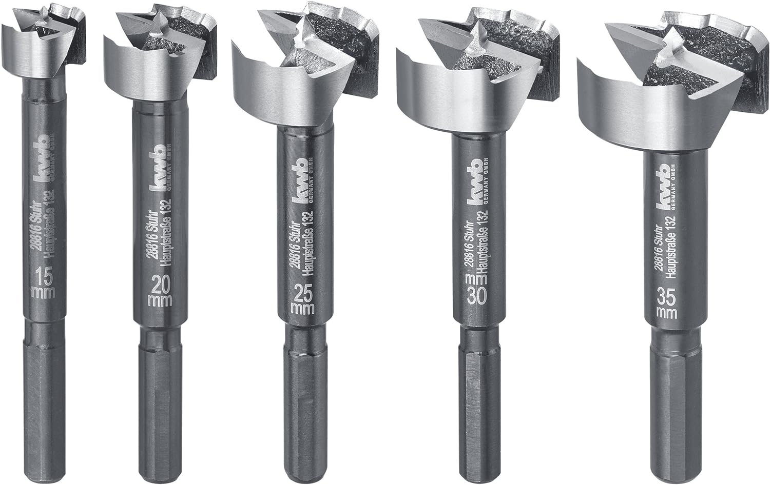 kwb Speed Forstnerbohrer-Set 15 20 25 30 und 35 mm, schnelles Bohren in allen Hölzern, Bohrer-Satz zur Holzbearbeitung, DIN 7483 G, mit 8 mm Schaft, insb. für Akku-Schrauber und Akku-Bohrschrauber