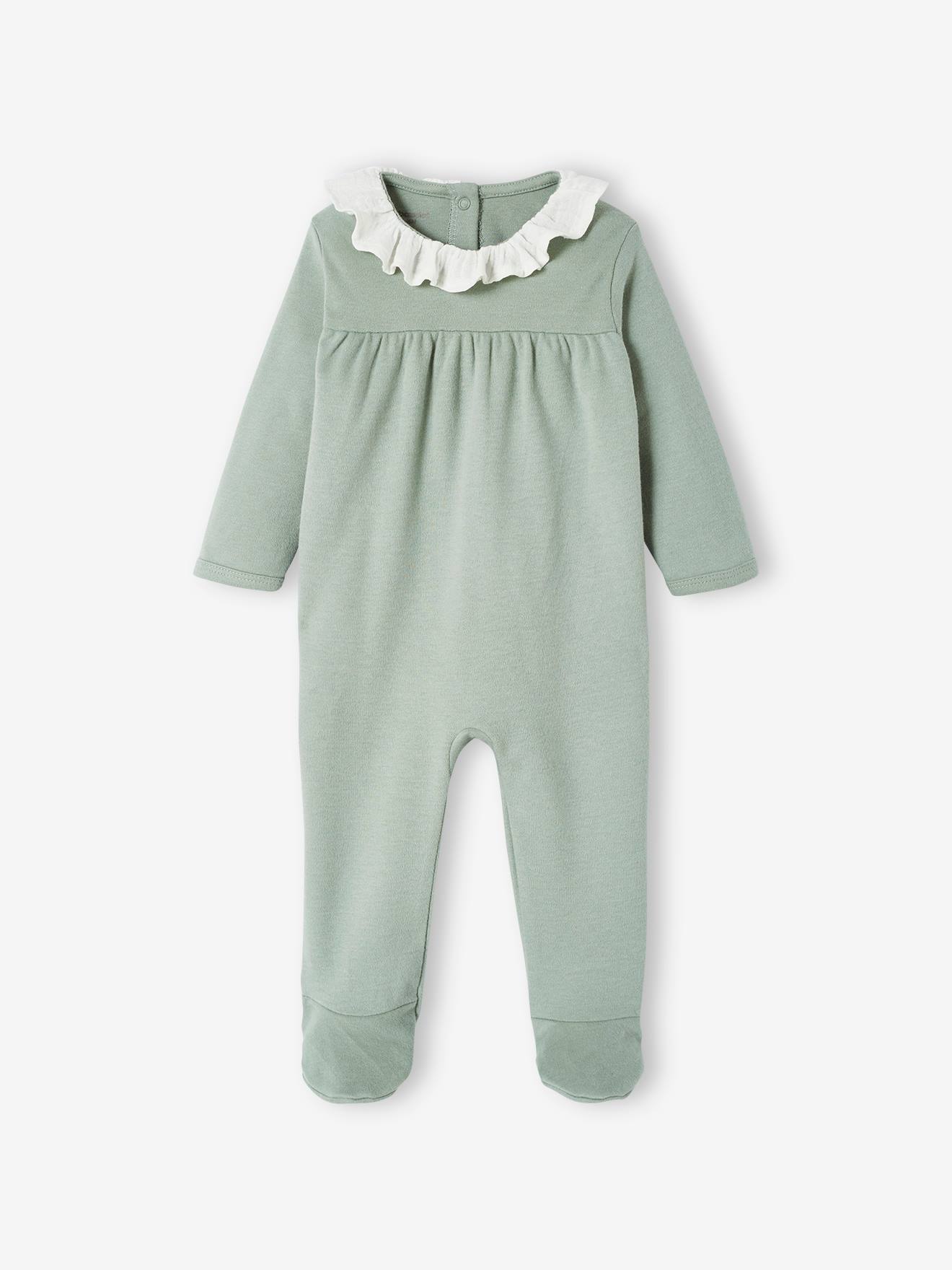 Conjunto de 2 macacões de malha interlock com gola de chiffon de algodão para bebê, verde salgueiro
