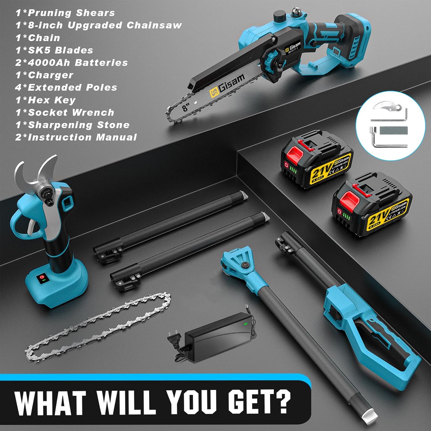 8 Zoll Mini Kettensäge & Akku Elektro Gartenschere 4-in-1 Gartenwerkzeug Set,Mit 2×4.0ah Akku,VerläNgerungsstange Bis 4.2m,BüRstenloser Motor,Elektro Hochentaster AstsäGe FüR Baumzweige, Holzschneiden