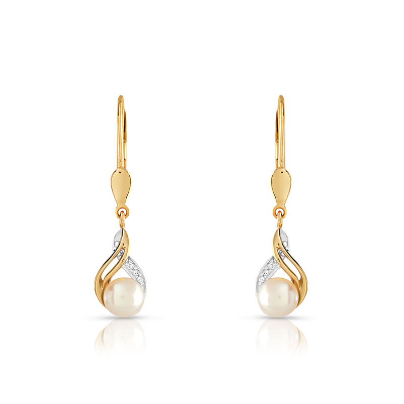 Boucles d'oreilles or 375 2 tons dormeuses perles de culture de Chine et diamants