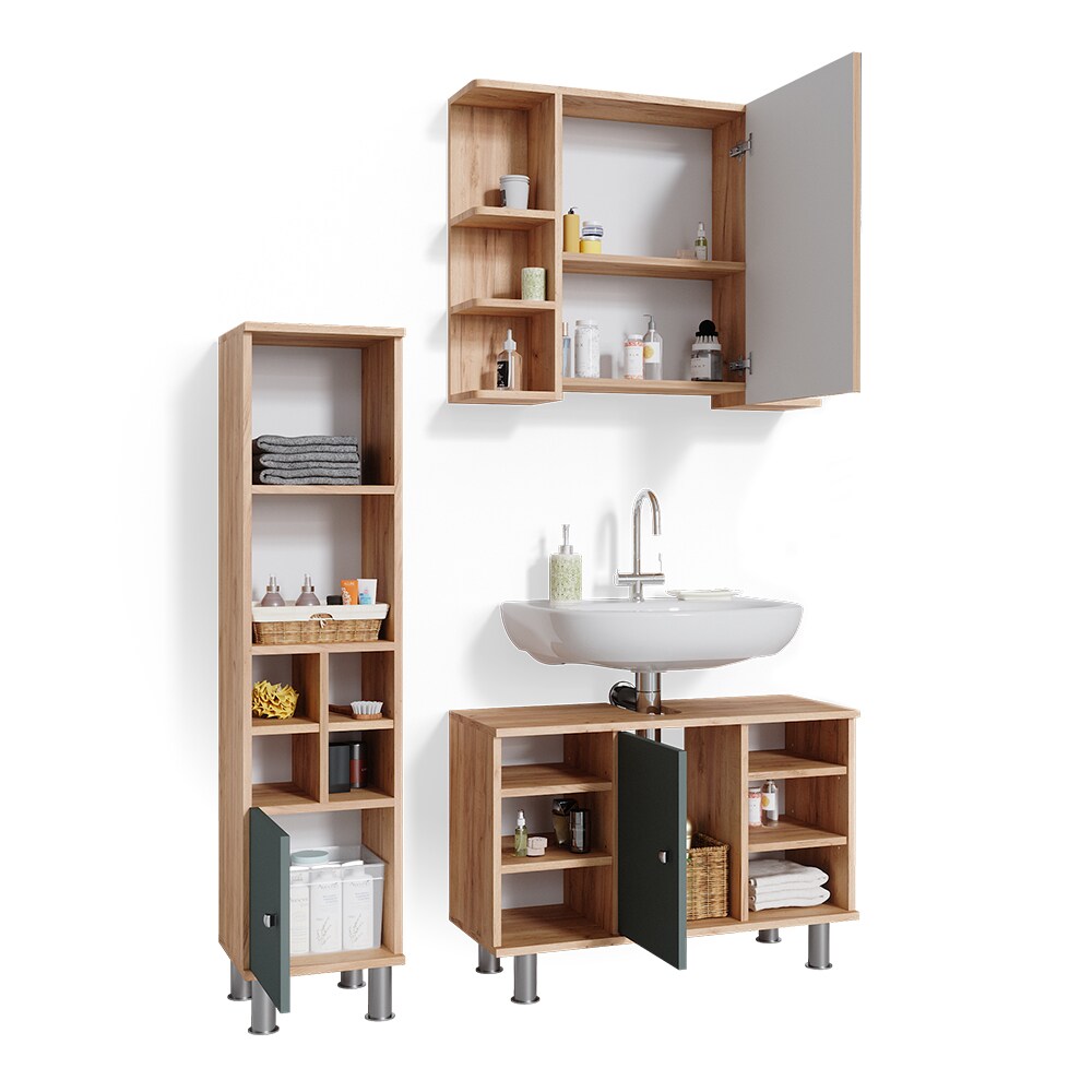 Vicco Badmöbelset Waschtischunter 80cm Spiegelschrank Midischrank kl. Tür Fynn
