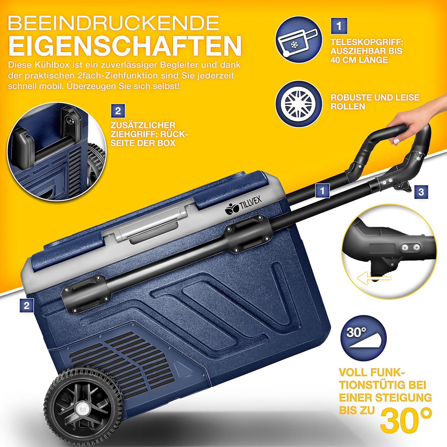 tillvex® Kompressor Kühlbox elektrisch 40-60 Liter | Elektrische Gefrierbox WIFI-APP-Steuerung 12/24 V 230V | Kühlschrank bis -20 °C für Auto, Lkw, Camping (Navyblau, 50 Liter)
