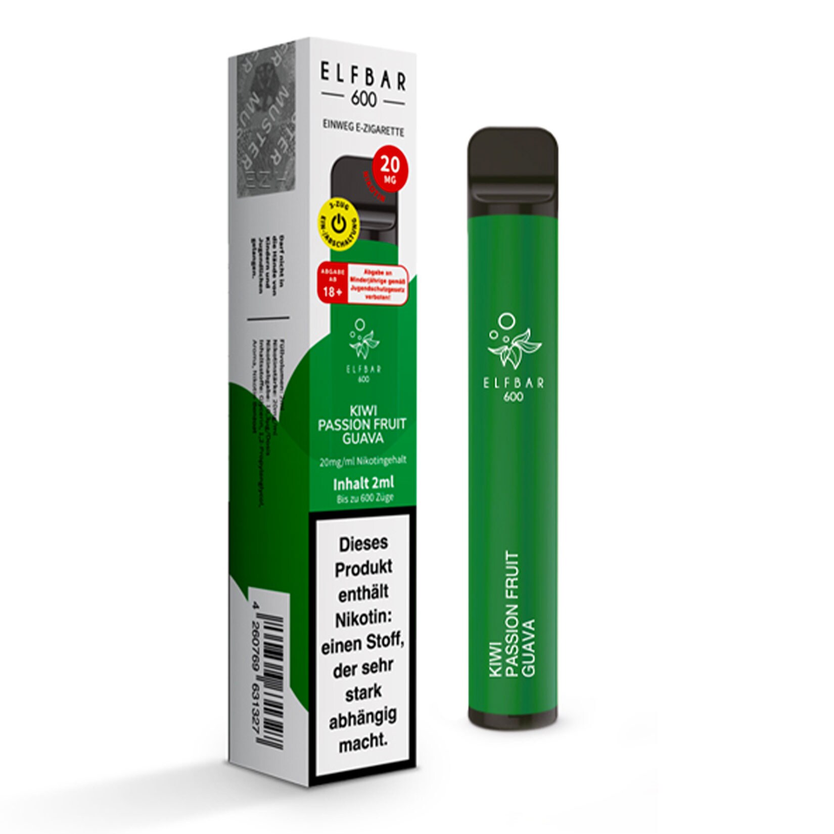 Elf Bar 600 Einweg E-Zigarette Kiwi Passion Fruit Guava, 2 ml, 2.0% Nikotin