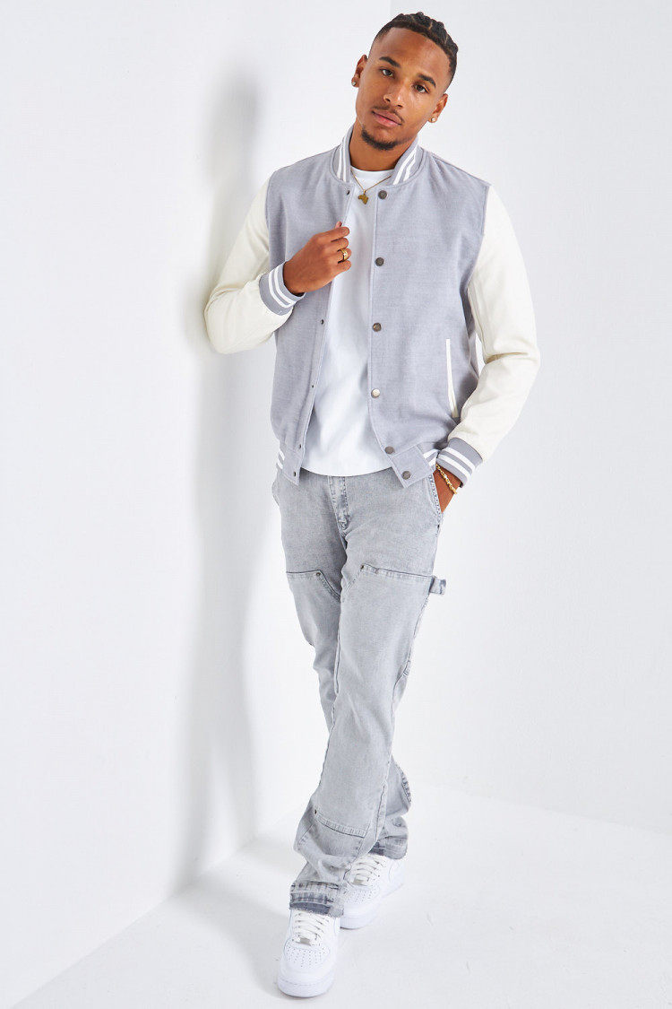 Bomber gris en simili cuir et laine