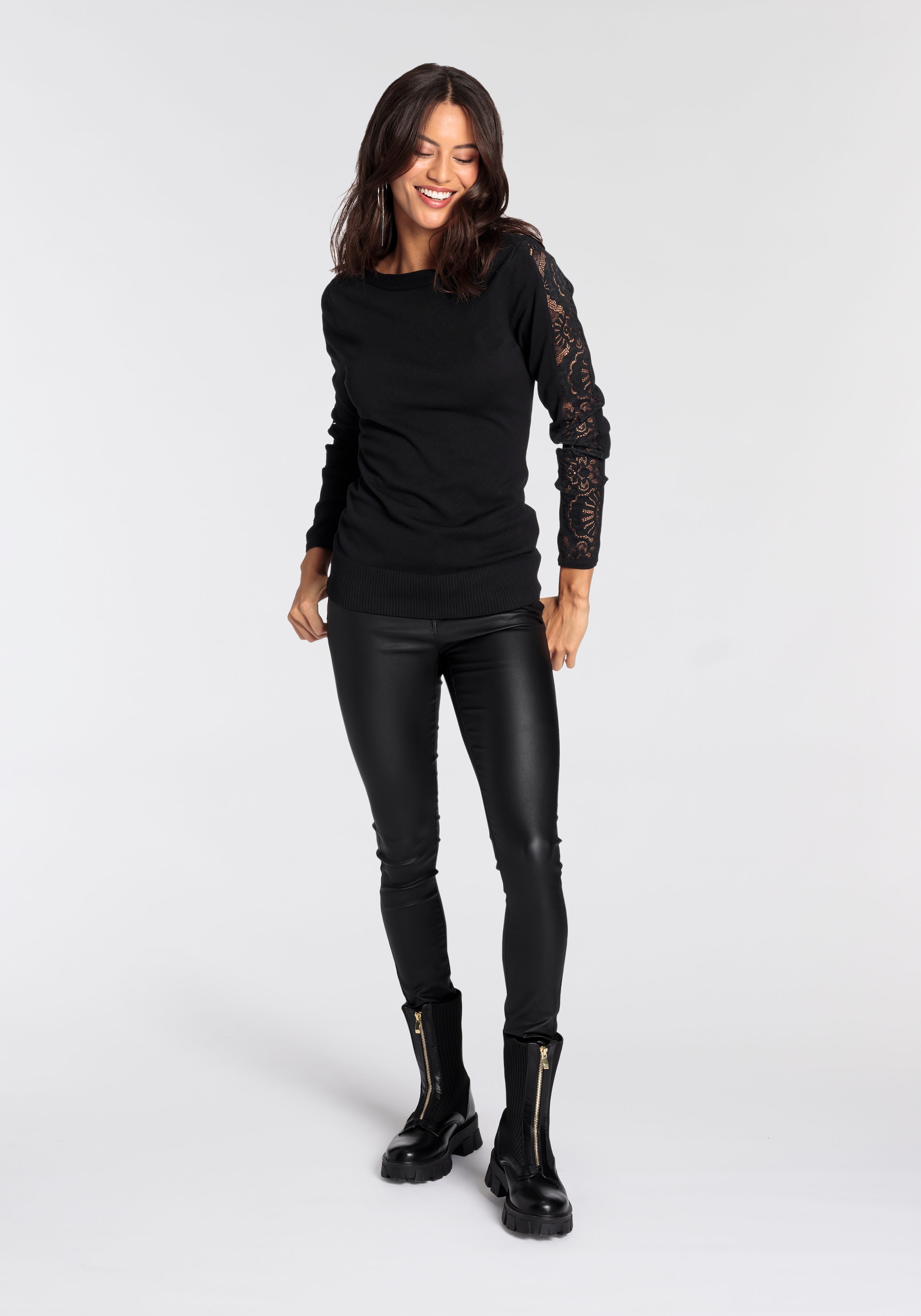 Melrose Strickpullover , mit U-Boot Ausschnitt und Spitzenärmeln