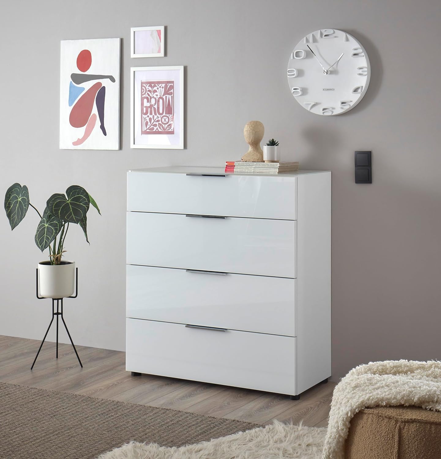 Kommode SANTORIN weiß mit Glasfront, Schrank Korpus in weiß mit Oberboden in Glas und Schubladen für Ihren Wohnbereich - 90 x 99 x 40 cm (B/H/T)