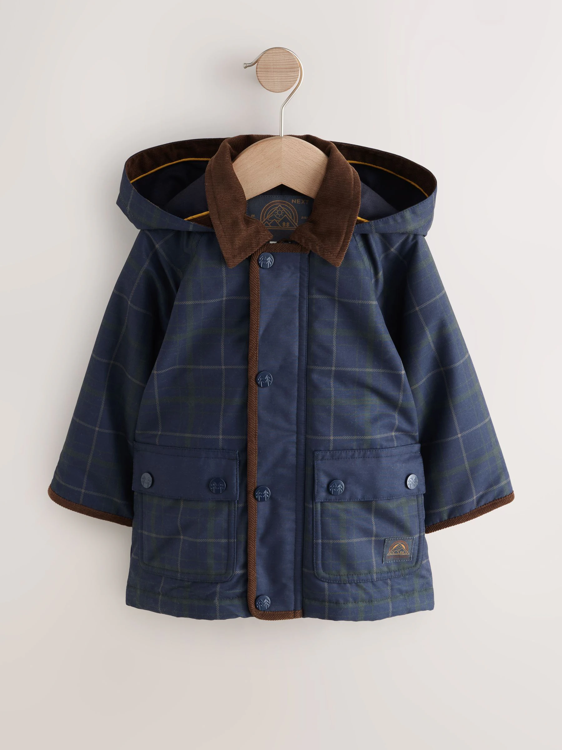 Marineblauw - Regenbestendige jas met capuchon en corduroy kraag (3mnd -7jr)