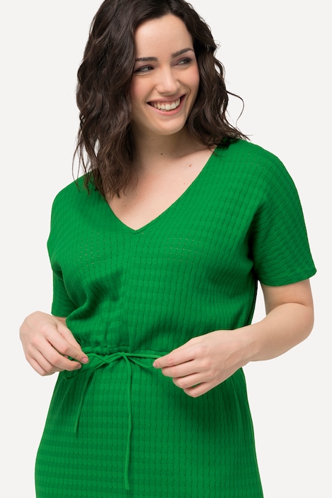 Midikleid, Strukturjersey, V-Ausschnitt, Halbarm