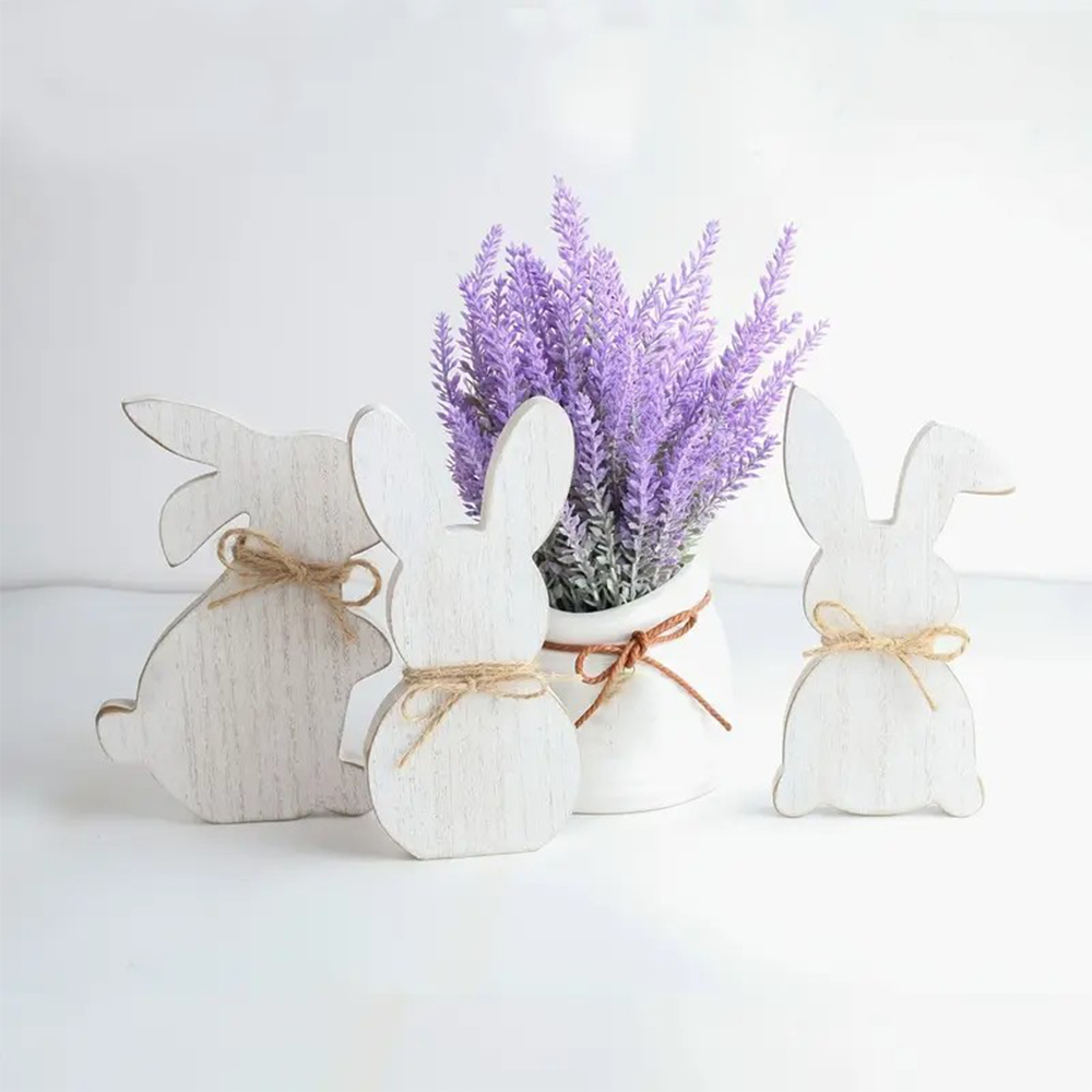 (12x16cm) Holz Oster Deko Home Accessoire Osterhasen Aufsteller mit Jute Schleife - Weiss / Braun