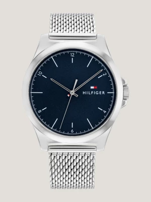 Relógio com pulseira de malha e mostrador azul com efeito raios de sol
